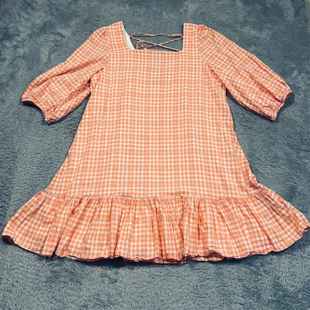Maison‎ Tara Gingham Dress Womens 16 Orange Plaid Puff Sleeve Ruffle Cottagecore